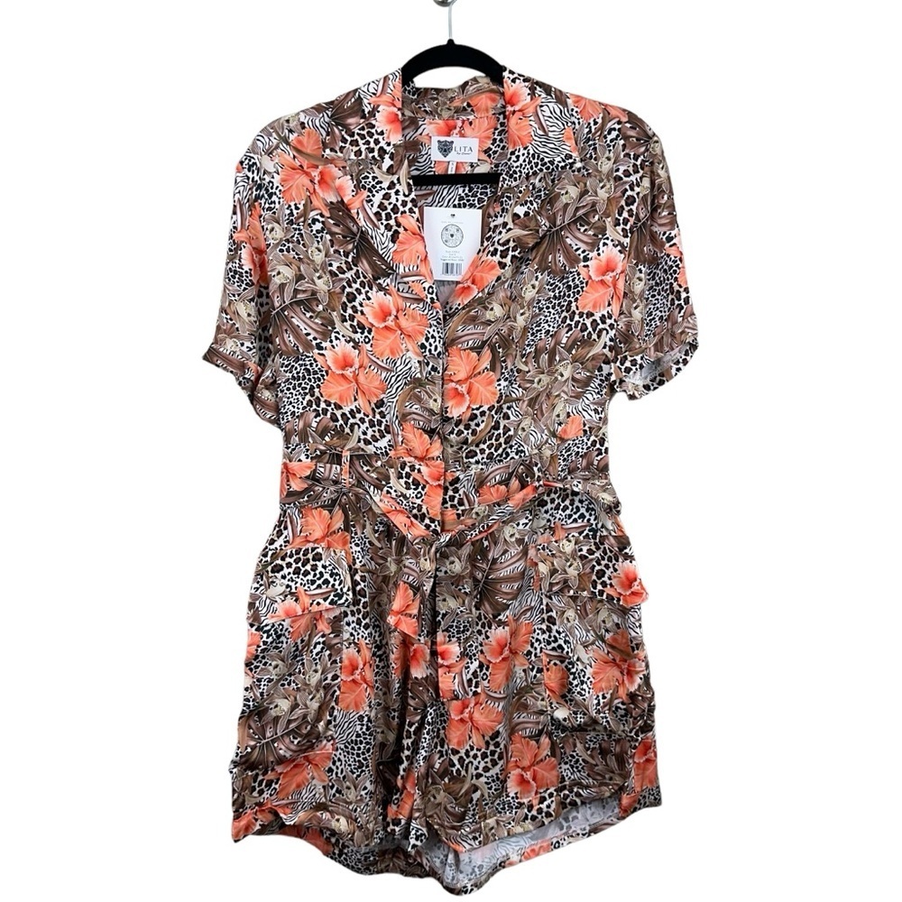 NWT Lita by Ciara Utility Belted Romper in Animal Floral Cherry Tomato Size S